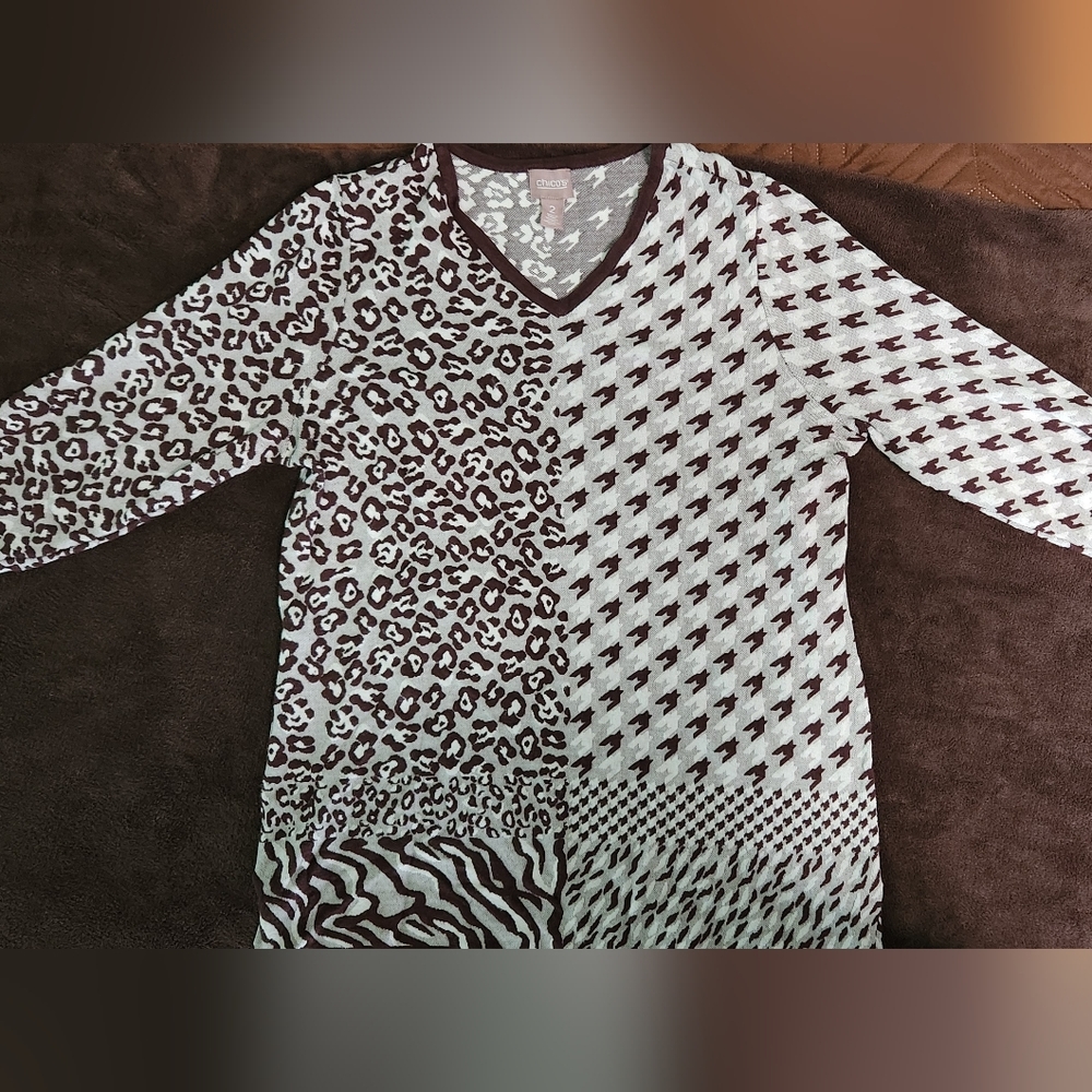 Chico's Animal Print 3/4  Sleeve Top, Brown/beige, Size 2 (or L or Sz 12)